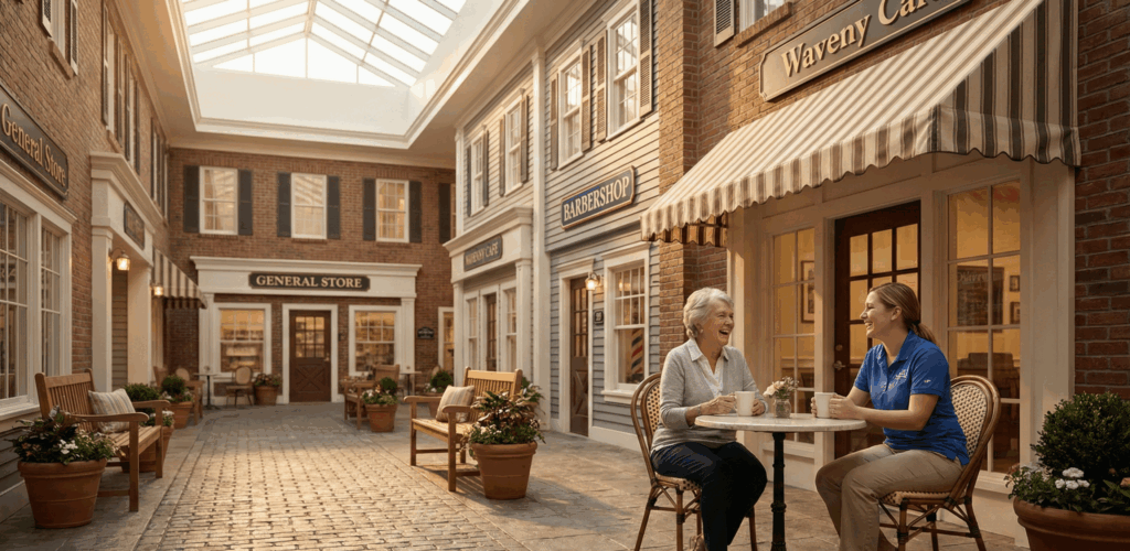 A resident and caregiver share a laugh over coffee at the Waveny Cafe, part of the indoor "Main Street" at The Village at Waveny. This award-winning environment is central to their specialized dementia care and Alzheimer's support programs in New Canaan, Connecticut.