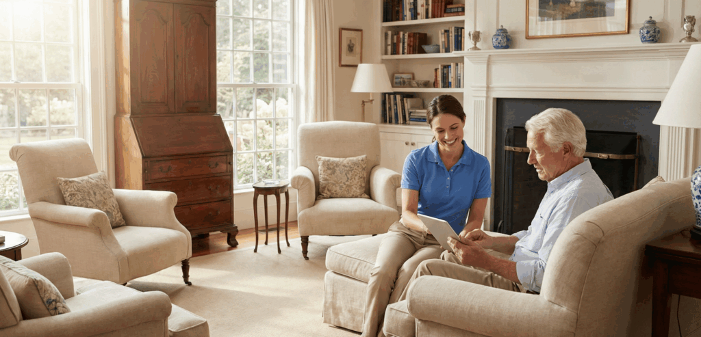 A Waveny home healthcare professional and a senior resident using remote patient monitoring technology in a New Canaan, CT home, illustrating the benefits of aging in place.