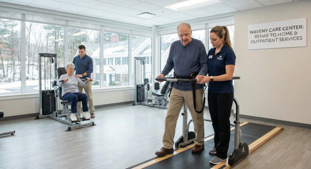 Senior patient participating in inpatient physical therapy at Waveny Care Center in Fairfield County.
