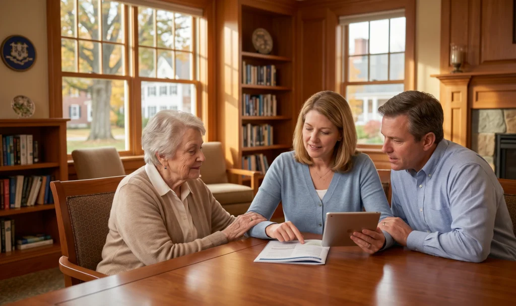 A photograph of an elderly woman, a middle-aged woman, and a middle-aged man reviewing a tablet and document at a wooden table. The middle-aged woman points at a paper document while the man holds up the tablet they are all looking at. The elderly woman is attentive, resting her hand on the center woman’s arm. The setting is a warm, wood-paneled room with built-in bookshelves, a stone fireplace, and large windows showing a scenic view of mature trees and colonial-style buildings.