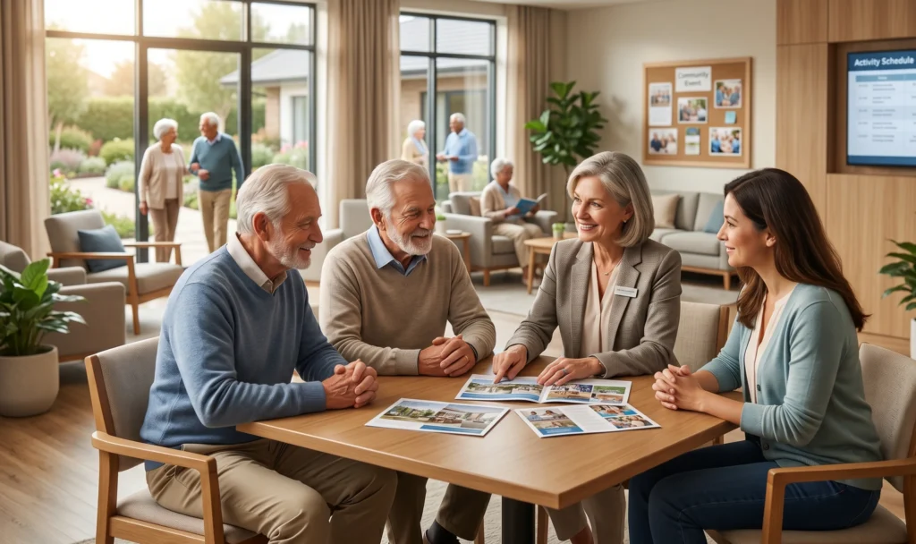 A middle-aged female senior living administrator smiles as she points to open brochures on a wooden table, sitting with two older men and a younger woman who are reviewing the materials with her. The setting is a brightly lit, modern common area of a senior living community. Large windows overlook a beautifully landscaped garden path where other seniors are visible walking and sitting. In the background, there is a wall-mounted TV displaying an "Activity Schedule" and a bulletin board with several photos. The atmosphere is warm, collaborative, and welcoming.