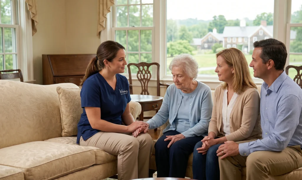This image captures a caring moment at Waveny LifeCare Network in Connecticut, where a caregiver supports an older woman during a family consultation. Perfect for illustrating specialized dementia care and the family-focused approach to memory care transitions.