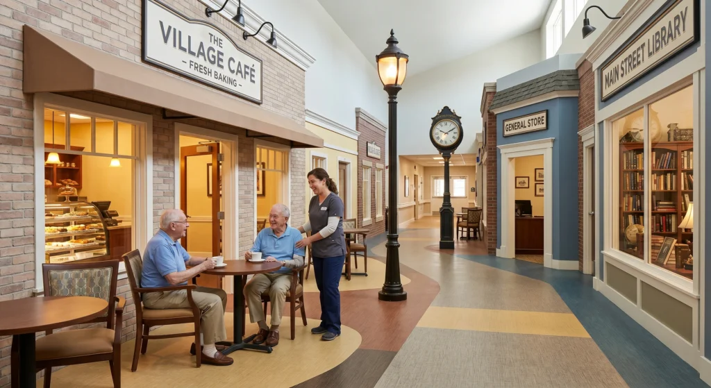 Two elderly men and a caregiver sharing a laugh at a café table in an indoor "Main Street" therapeutic memory care environment with storefronts like "The Village Café" and "Main Street Library."