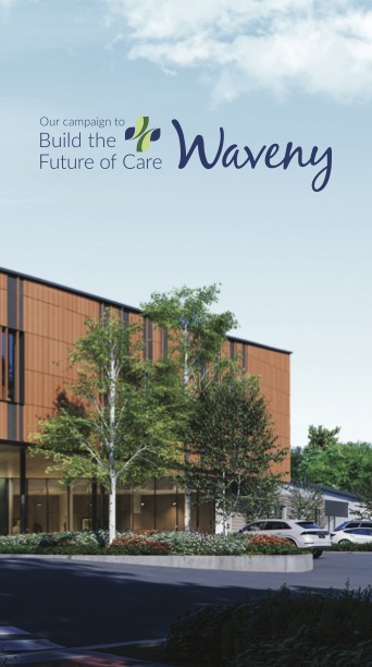 Waveny campaign logo reading 'Build the Future of Care' over a modern orange-brick care campus with trees and a parking lot in front.