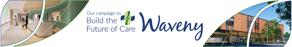 Campaign banner for Waveny: Build the Future of Care, showing interior hallway and exterior modern building imagery.