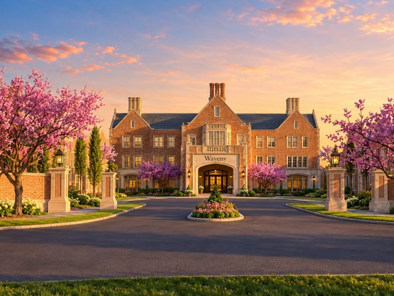 Waveny estate entrance: a brick manor with an arched doorway, flanked by pink blossom trees and a circular driveway at sunset.